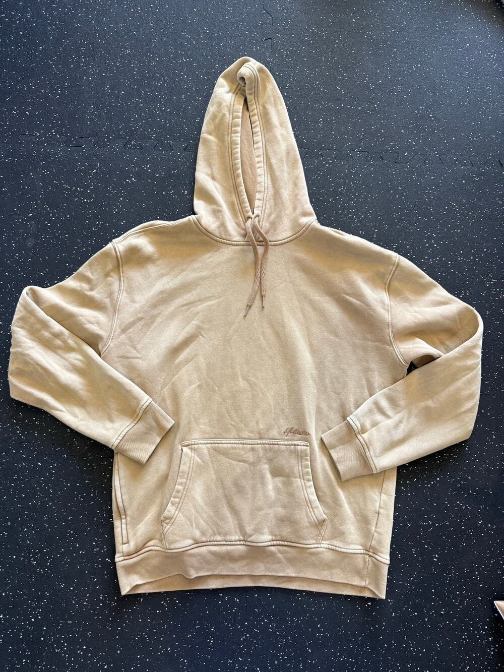 Hollister Mens Script Embroidery Pullover Hoodie Sweatshirt Tan Beige Medium